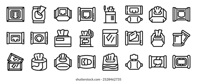 Wet apaga ícones de pacote definidos. Wet limpa diferentes ícones de linha de coleção de embalagens definir vetor. Lenços de limpeza úmidos e tecidos faciais, papel para limpeza e desinfecção de superfícies
