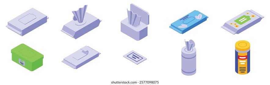  Wet wipes package icons set. Various types of wet wipe packaging highlighting diverse materials, dispensing mechanisms, and container designs for hygiene and convenience