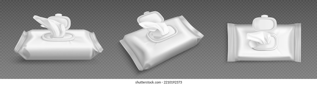 El paquete de pelucas húmedas se burla. Envase de plástico blanco en blanco y en blanco, con vistas de ángulo y tejidos. Ilustración vectorial 3d de la bolsa con tapa abierta y servilletas mojadas aisladas sobre fondo transparente. Ilustración 3D