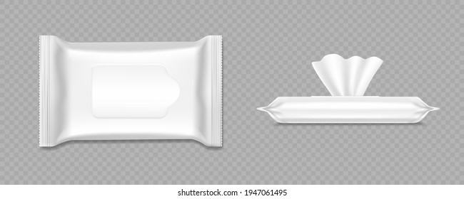 Wet wipes package mockup. Antibacterial hand hygiene tissue pack. Vector realistic illustration of baby napkin pouch. Sanitary paper disposable towel sachet, personal care object.