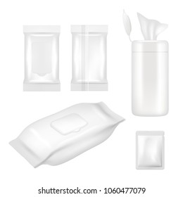 Wet wipes package mockup set. Vector realistic white blank packaging foil and plastic containers with flap for wet wipes isolated on white background.