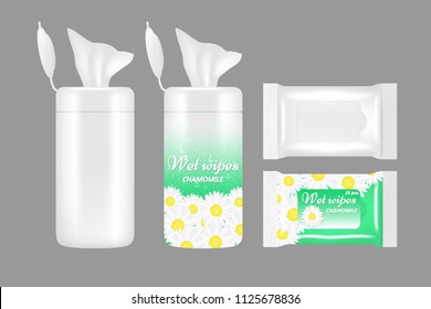 Wet wipes package mockup set. Vector realistic illustration of white blank and chamomile wet wipes plastic packaging bags and plastic containers with flap.