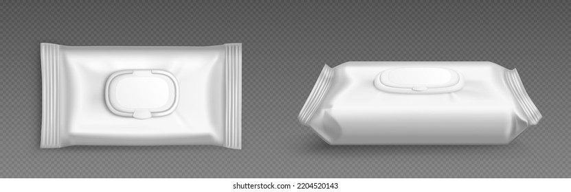 Wet wipes package png, realistic 3D illustration isolated on transparent background. Vector design of blank plastic bag mockup top and side view. Antibacterial or cosmetic napkins for personal hygiene - Shutterstock ID 2204520143