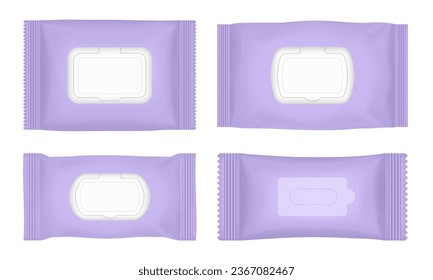 Wet wipes packaging with flap. Light purple, violet flow pack mockup. Pouch of wet toilet tissue. Antibacterial napkins.