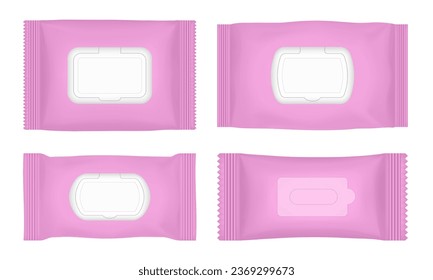 Wet wipes packaging with flap. Light pink flow pack mockup. Pouch of wet toilet tissue. Antibacterial napkins.