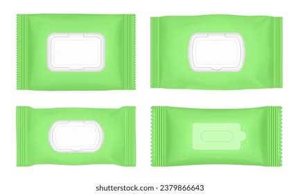 Wet wipes packaging with flap. Neon green flow pack mockup. Pouch of wet toilet tissue. Antibacterial napkins.