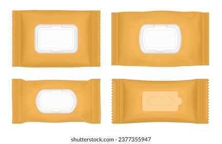 Wet wipes packaging with flap. Orange flow pack mockup. Pouch of wet toilet tissue. Antibacterial napkins.