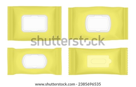 Wet wipes packaging with flap. Yellow flow pack mockup. Pouch of wet toilet tissue. Antibacterial napkins.