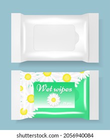 Wet wipes packaging plastic bag mockup set, vector illustration. Realistic white blank and chamomile cosmetic napkins for skin care, wet tissue in pack with flap.