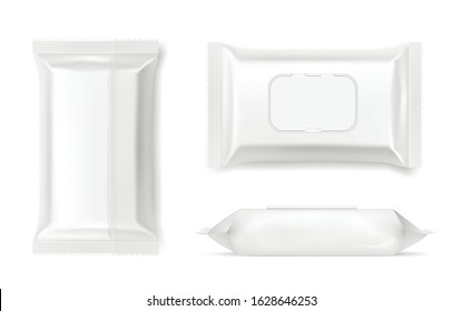 Wet wipes packing, antibacterial napkins container mockup. Cosmetics packaging views realistic 3D vector set. Purity, cleanliness, personal hygiene. Beauty product packet front, top and side view pack
