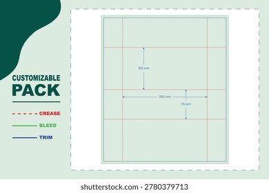 Wet wipes pouch packaging dieline template, technical layout with crease, bleed, and trim lines, including 100mm, 200mm, and 70mm dimension markers