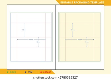 Wet wipes pouch packaging dieline template, layout with bleed, trim, and crease lines, technical with 100mm, 200mm, and 70mm dimensions