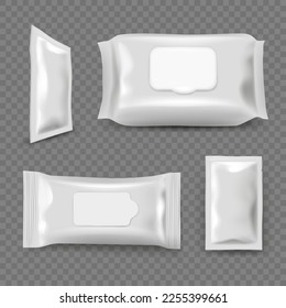 Wet wipes. Realistic mockup of paper tissues decent vector packages for fresh wipes