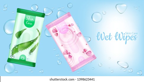 Wet wipes for skin care packages mockup, moistened cosmetic napkins product on blue background with water drops. Aloe vera and flower petals packing design. Realistic 3d vector illustration, ad banner