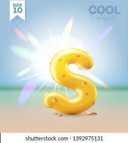 Wet Yellow Glossy Vector Font - S With Fresh Drops Of Water On It Hanging Over The Beach Under The Bright Sun. Vector Realistic Typeset.