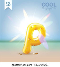 Wet yellow glossy vector font - P with fresh drops of water on it hanging over the beach under the bright sun. Vector realistic typeset.