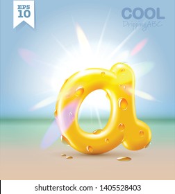 Wet yellow glossy vector font - A with fresh water drops on it hanging over the beach under the bright sun. Vector realistic typeset.