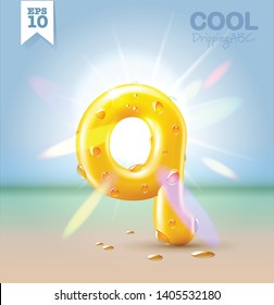 Wet yellow glossy vector font - Q with fresh water drops on it hanging over the beach under the bright sun. Vector realistic typeset.