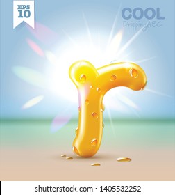 Wet yellow glossy vector font - R with fresh water drops on it hanging over the beach under the bright sun. Vector realistic typeset.