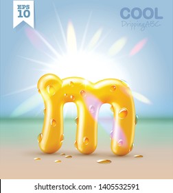 Wet Yellow Glossy Vector Font - M With Fresh Water Drops On It Hanging Over The Beach Under The Bright Sun. Vector Realistic Typeset.