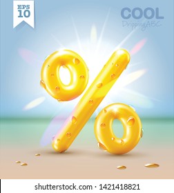 Wet Yellow Glossy Vector Font - Percent Sign With Fresh Water Drops On It Hanging Over The Beach Under The Bright Sun. Vector Realistic Typeset. Summer Sale Concept.