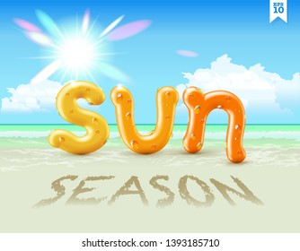 Wet yellow and orange glossy vector font lettering SUN season with fresh drops of water on it hanging over beaming summer sun on the tropical beach. Holiday background concept illustration.