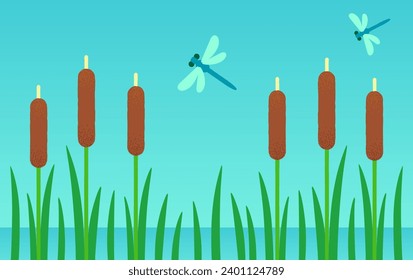 Wetland background with cattails and dragonflies. Swamp or pond cartoon landscape. Simple flat vector design.