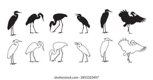 Wetland bird silhouettes set featuring heron stork flamingo pelican spoonbill crane and more. Collection of heron and crane silhouettes in various standing and flying poses, vector illustration.
