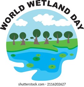 Wetland circle simple logo design consisting of green grass, yellow flowers, green trees, white sky, brown soil and blue lake to commemorate world wetland day in vector form