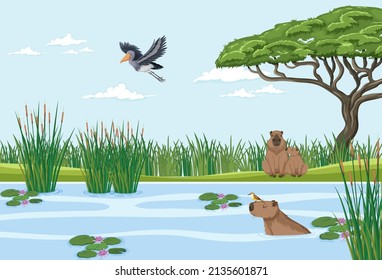 Wetland Forest Scene With Capybara Illustration