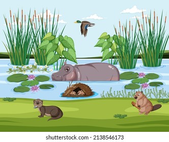 Wetland forest scene with capybara illustration