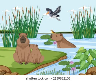 Wetland forest scene with capybara illustration