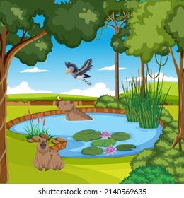 Wetland forest scene with capybara illustration