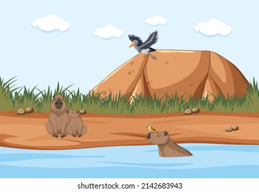 Wetland forest scene with capybara illustration