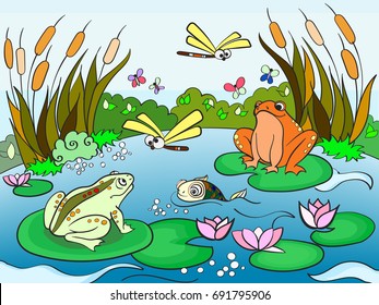 Wetland landscape with animals book for adults vector illustration. Anti-stress for adult. Black and white lines insect, frog, cane, dragonfly, fish, water lily, water Lace pattern nature