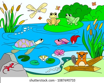 Wetland landscape with animals color book for adults vector illustration. Insect, frog, cane, dragonfly, fish, water lily, water Lace pattern nature