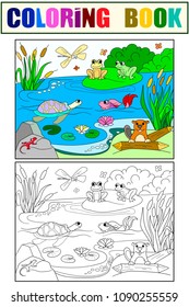 Wetland landscape with animals color and coloring book for adults vector illustration. Insect, frog, cane, dragonfly, fish, water lily, water Lace pattern nature