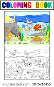 Wetland landscape with animals coloring book and color for adults vector illustration. Underwater world with turtles In the lake. Black and white lines