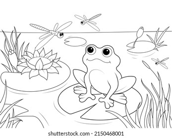 Wetland landscape and animals coloring book for adults vector illustration  Black   white lines insect  frog  cane  dragonfly  fish  water lily  water Lace pattern nature