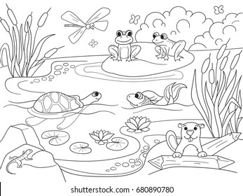 Wetland landscape with animals coloring book for adults vector illustration. Anti-stress for adult. Black and white lines insect, frog, cane, dragonfly, fish, water lily, water Lace pattern nature