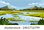 Wetland, swamp, wildlife landscape, vector illustration