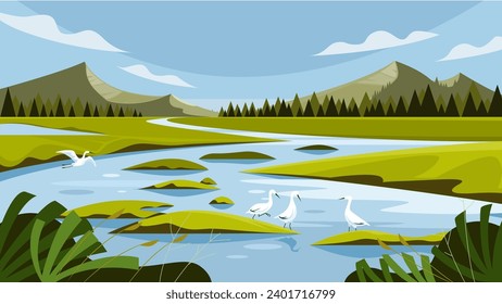 Humedales, pantanos, paisaje de fauna silvestre, ilustración vectorial