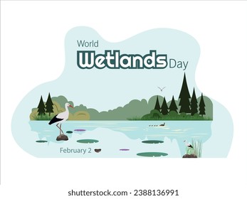 Wetlands Day .February 2.
Landscape of a wetland with water lily leaves, flora and fauna.