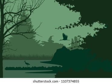 Humedales con bosque y cigüeña voladora y de pie, bajo el cielo nocturno - vector