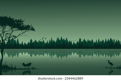 Antecedentes del paisaje humedal ilustración vectorial realista de aves del río lacustre que vuelan en color verde reflexión