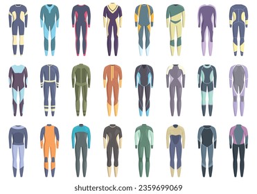 Wetsuit icons set cartoon vector. Water beach. Gear diver