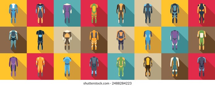 Wetsuit icons set. Large set of racing driver suit icons showing different designs and colors, as well as different levels of padding and protection