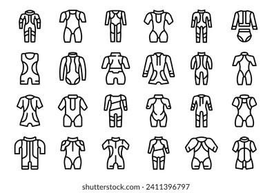 Wetsuit icons set outline vector. Swimwear water beach. Summer travel fashion