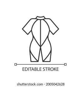 Wetsuit linear icon. Special suit for spending time in water. Keep warmth. Stretchy material. Thin line customizable illustration. Contour symbol. Vector isolated outline drawing. Editable stroke
