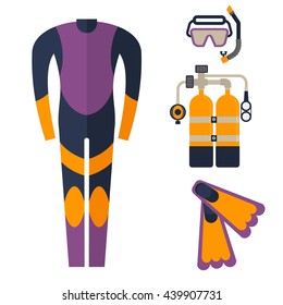 Wetsuit, mask, snorkel and fins for diving. Underwater equipment.  Cartoon flat vector illustration. Objects isolated on a white background.